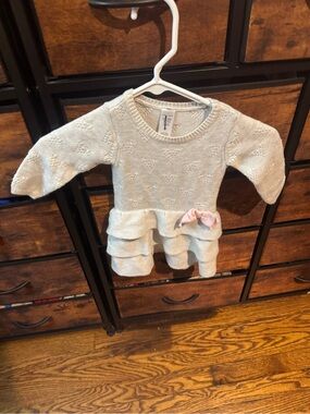 Carter's Cream Knit Ruffle Dress with Pink Bow Accent